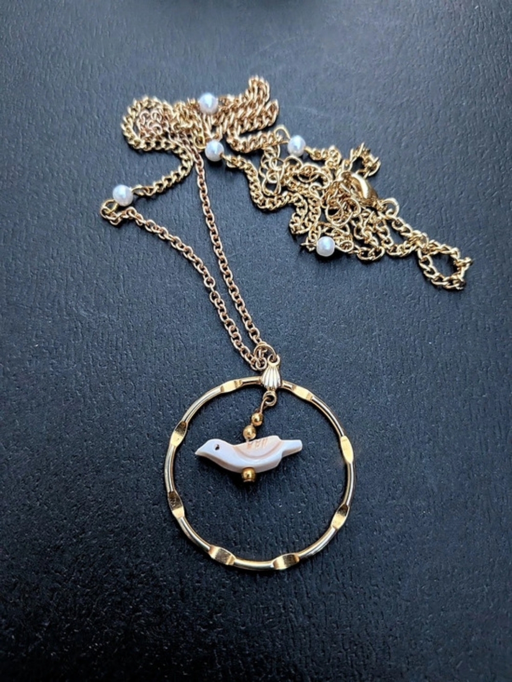 Vintage-Style Bird in Hoop Pearl Accent Charm Necklace